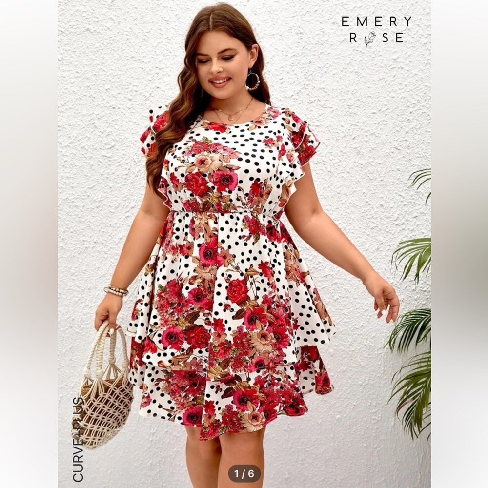 SHEIN White Polka Dot Midi Dress with Red Floral Print